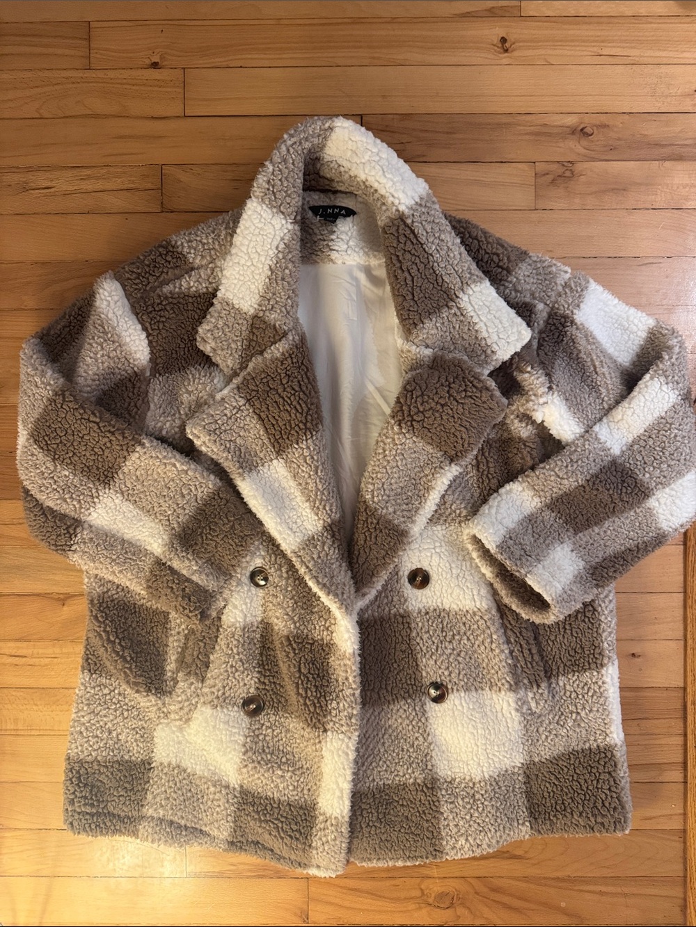 Plaid Teddy Sherpa Coat in Cream & Taupe S